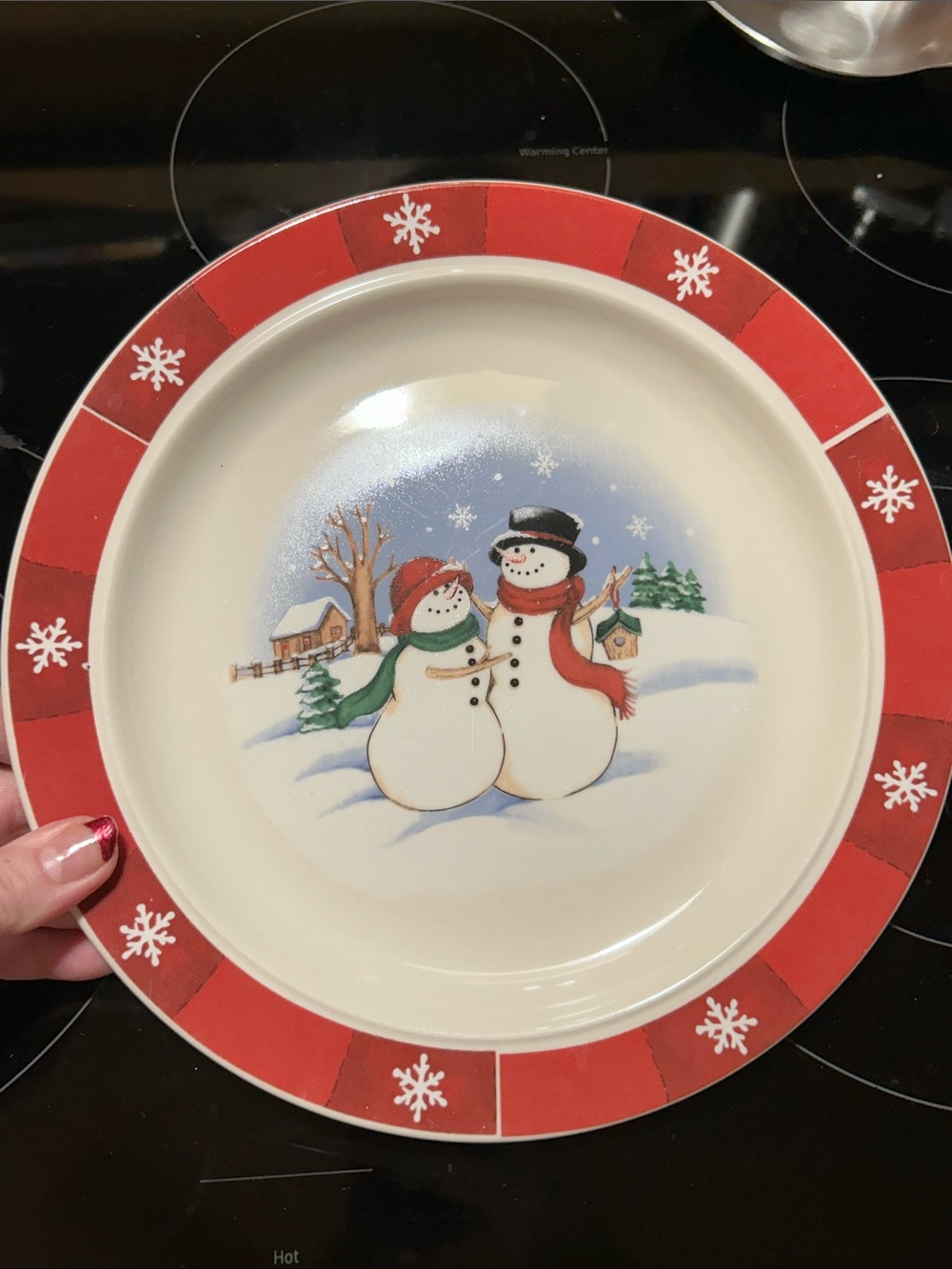 Flawless Festive Snowman Holiday Dinner Plate - Red Trim. Santa cookie plate!